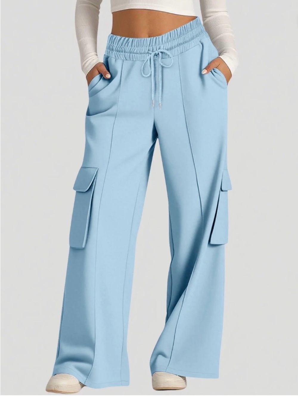 Sky Blue Cargo Wide-Leg Joggers with Drawstring Waist